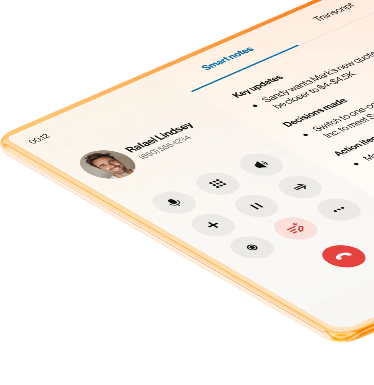 A smartphone screen displaying an ongoing RingCentral call showing call duration and options like mute, keypad, and speaker.