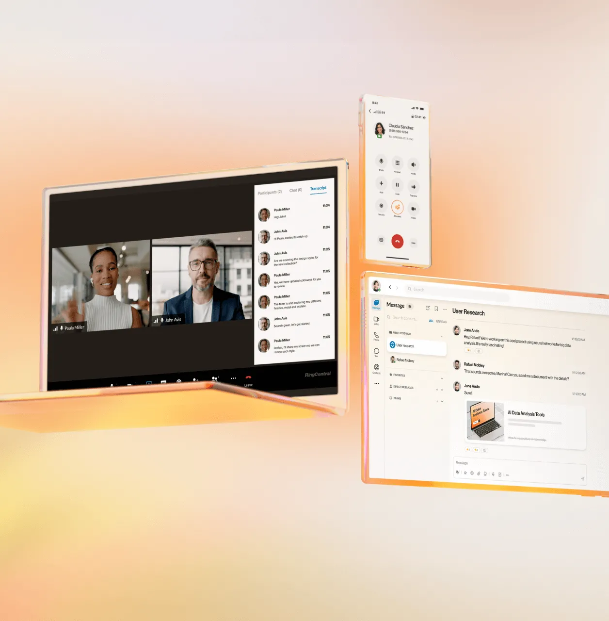 A digital display showing a virtual meeting with two participants, a mobile screen with a contact list, and a messaging app conversation about user research.